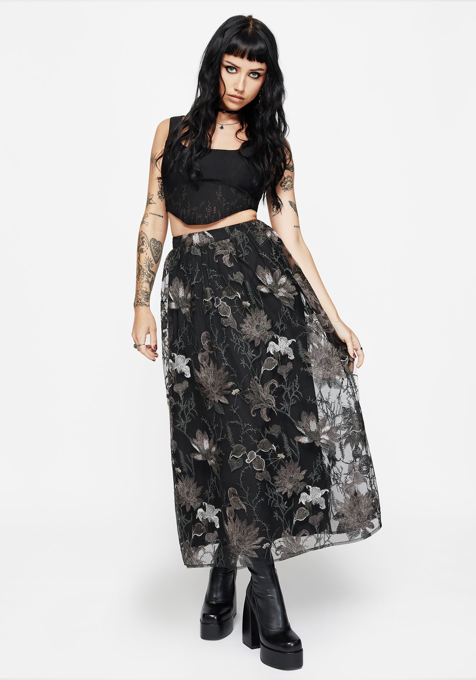 Estrid Embroidered Mesh Midaxi Skirt - Silver - Image 4