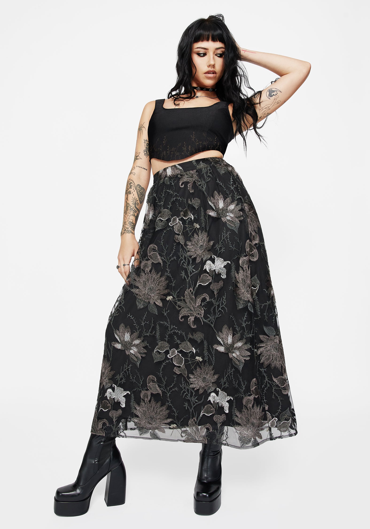 Estrid Embroidered Mesh Midaxi Skirt - Silver - Image 6