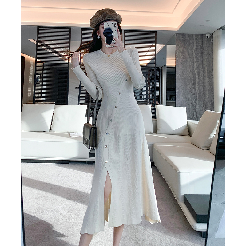2025 Autumn Winter French Style Hollow Out Knit Long Sleeve Slim Fit Long Dress