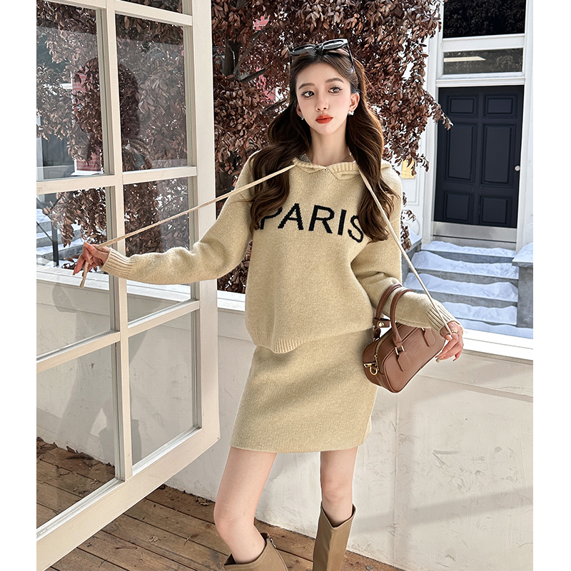 Lazy Style Retro Soft Hooded Knit Top and Letter Print Mini Skirt Two-Piece Set for Fall Winter