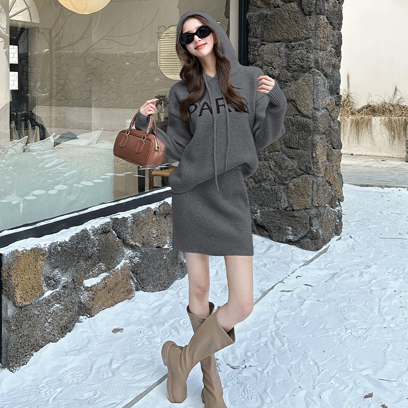 Lazy Style Retro Soft Hooded Knit Top and Letter Print Mini Skirt Two-Piece Set for Fall Winter - Image 3