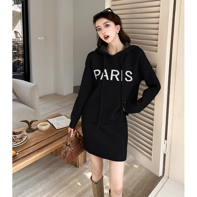 Lazy Style Retro Soft Hooded Knit Top and Letter Print Mini Skirt Two-Piece Set for Fall Winter - Image 2