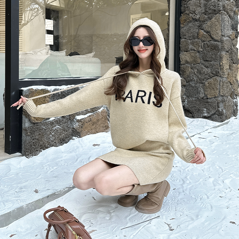 Lazy Style Retro Soft Hooded Knit Top and Letter Print Mini Skirt Two-Piece Set for Fall Winter - Image 4