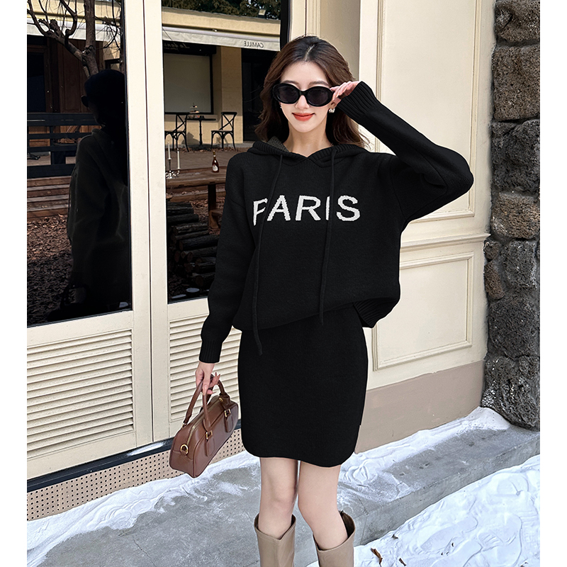Lazy Style Retro Soft Hooded Knit Top and Letter Print Mini Skirt Two-Piece Set for Fall Winter - Image 5