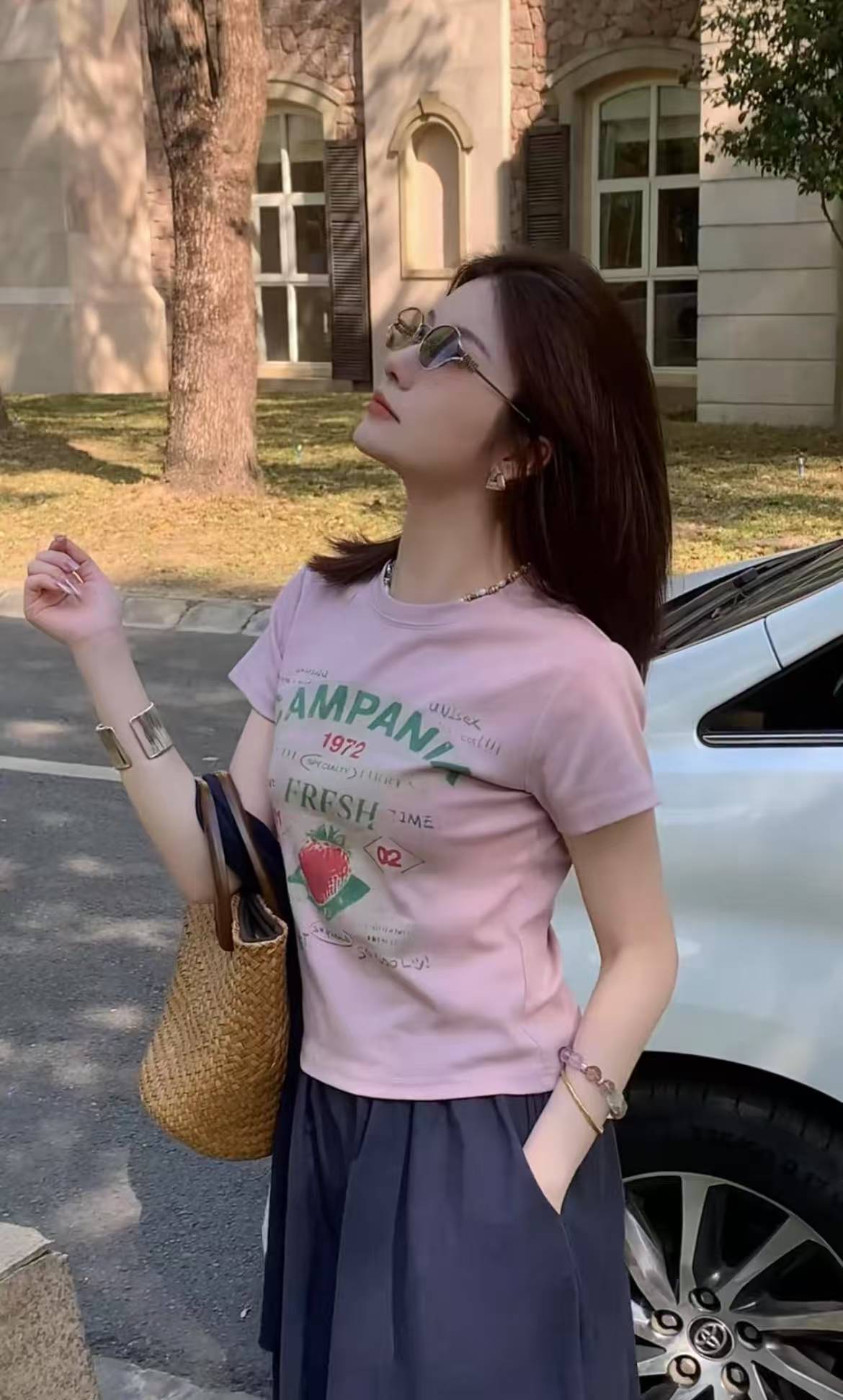 2025 Spring Summer Strawberry Print Short Sleeve Top and Skirt Two-Piece Set for Women - Image 3