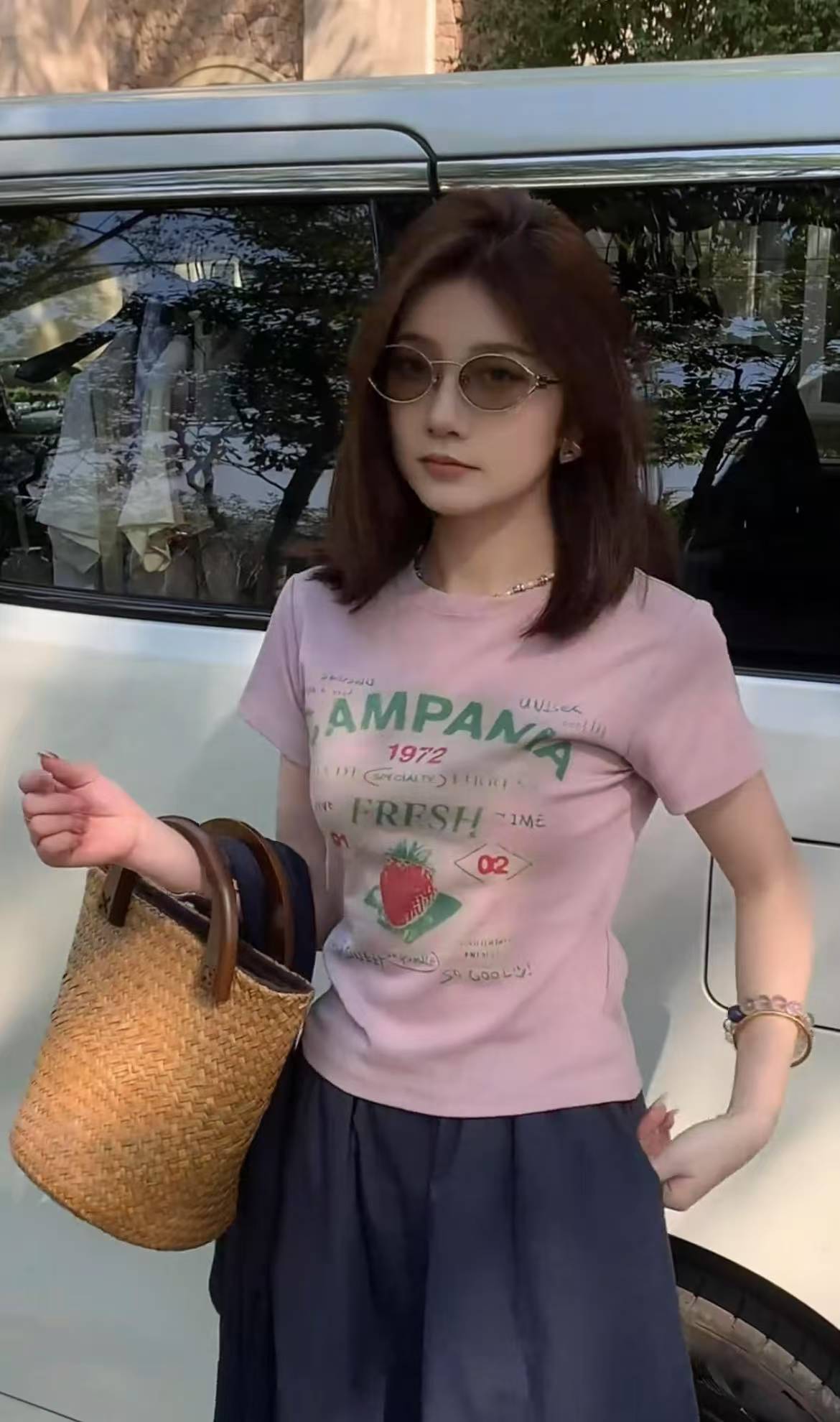 2025 Spring Summer Strawberry Print Short Sleeve Top and Skirt Two-Piece Set for Women - Image 2