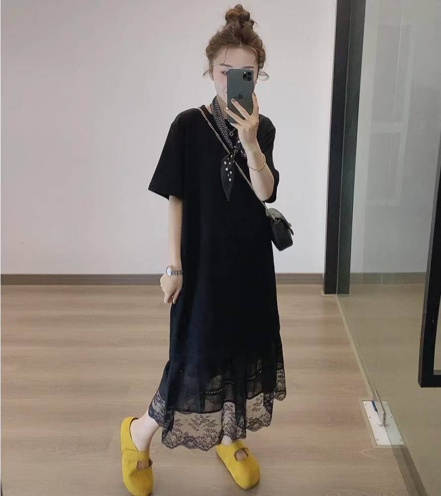 Korean French Style Black Lace Skirt and Loose Black T-Shirt Dress Two-Piece Set for Women