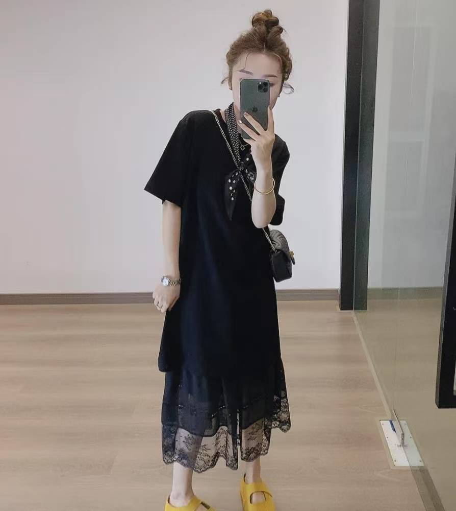 Korean French Style Black Lace Skirt and Loose Black T-Shirt Dress Two-Piece Set for Women - Image 2