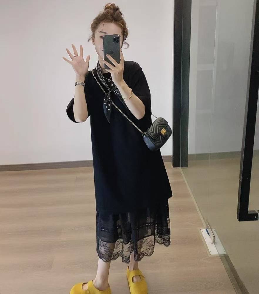 Korean French Style Black Lace Skirt and Loose Black T-Shirt Dress Two-Piece Set for Women - Image 3
