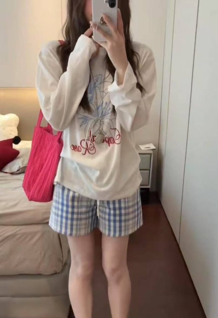 Lily Print Long Sleeve Sun Protection Shirt and Blue Plaid Shorts Two Piece Set
