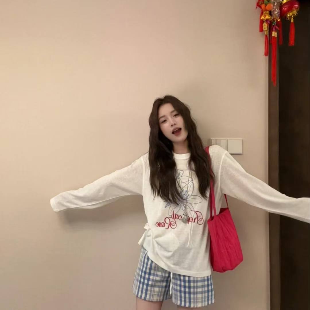 Lily Print Long Sleeve Sun Protection Shirt and Blue Plaid Shorts Two Piece Set - Image 2