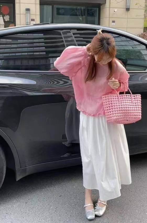 Pink Korean Sweet Round Neck Ruffle Hem Blouse and White Skirt Two-Piece Set
