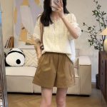 Sweet Lace Round Neck Shirt and High Waist Wide Leg Shorts Set