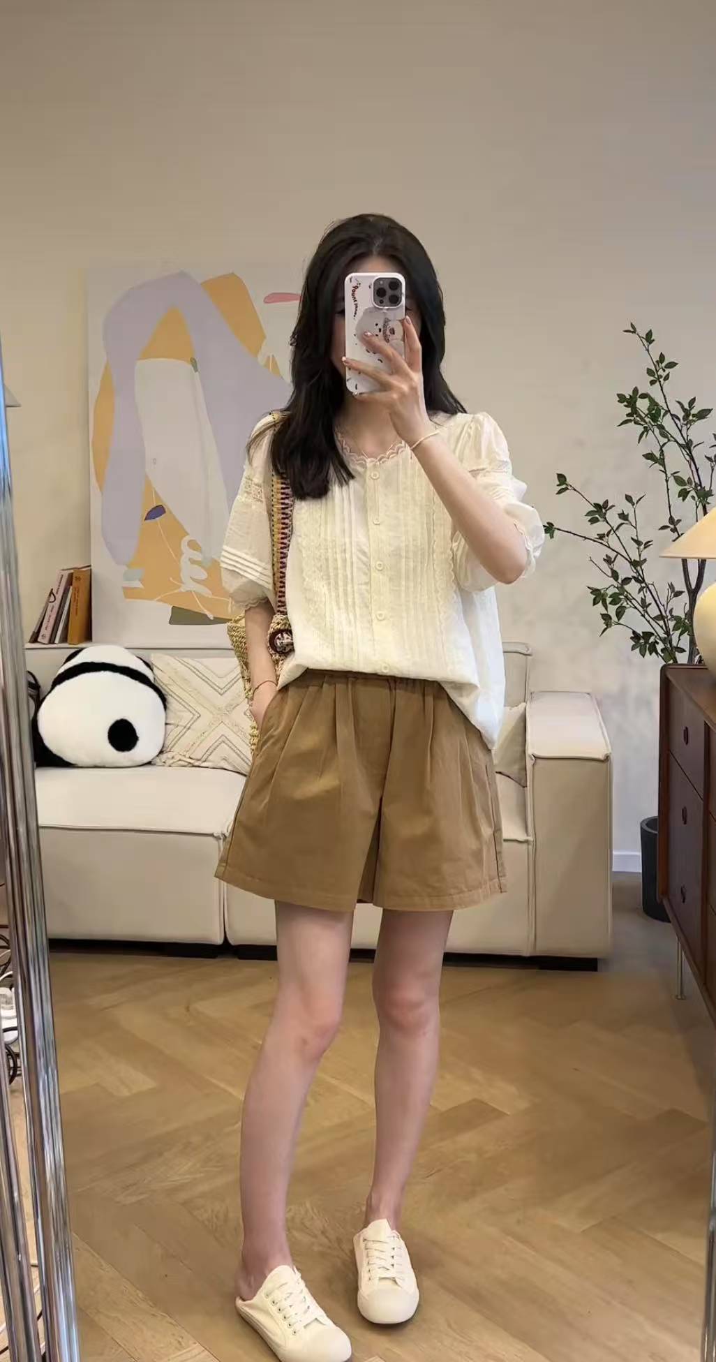 Sweet Lace Round Neck Shirt and High Waist Wide Leg Shorts Set