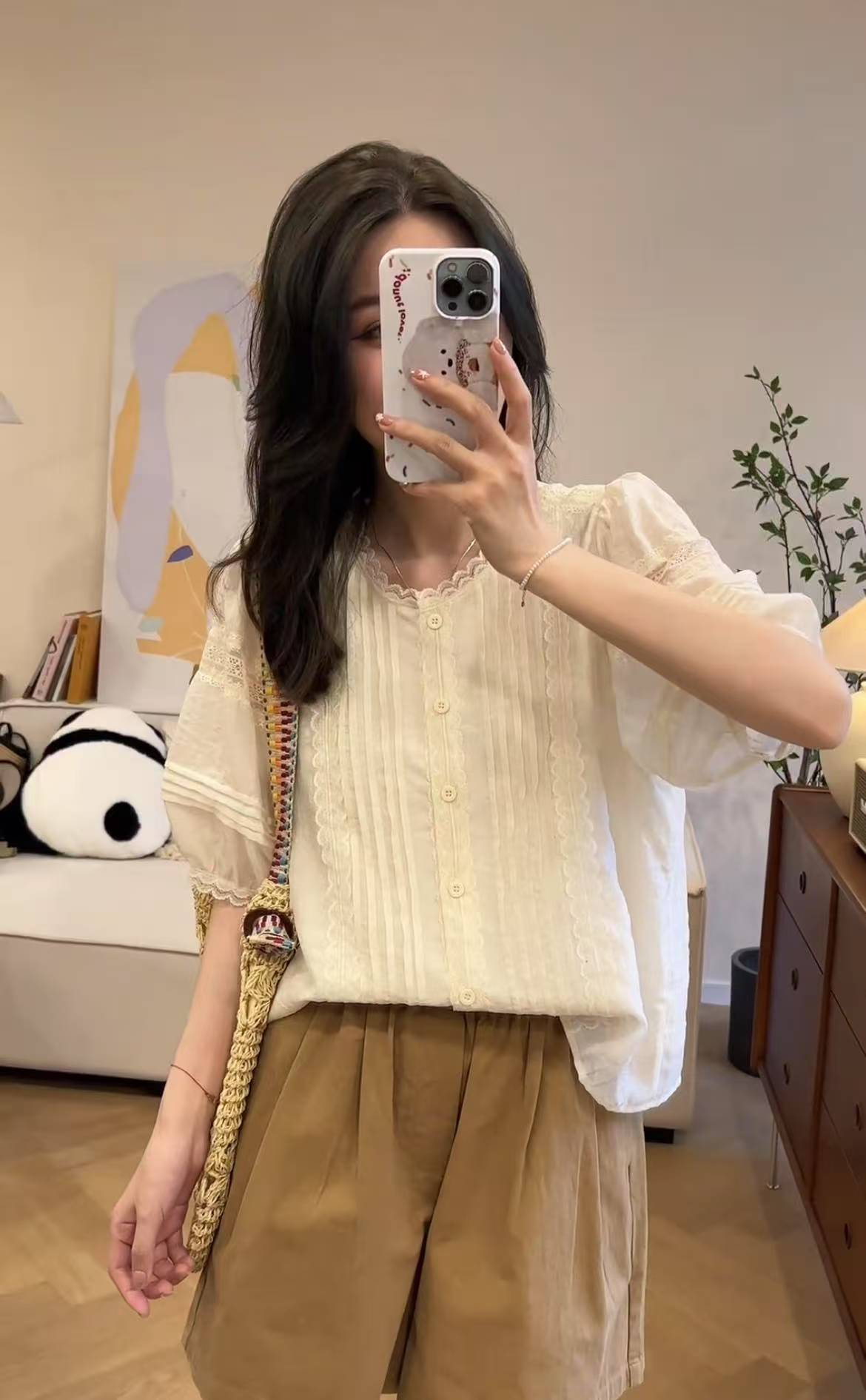 Sweet Lace Round Neck Shirt and High Waist Wide Leg Shorts Set - Image 2