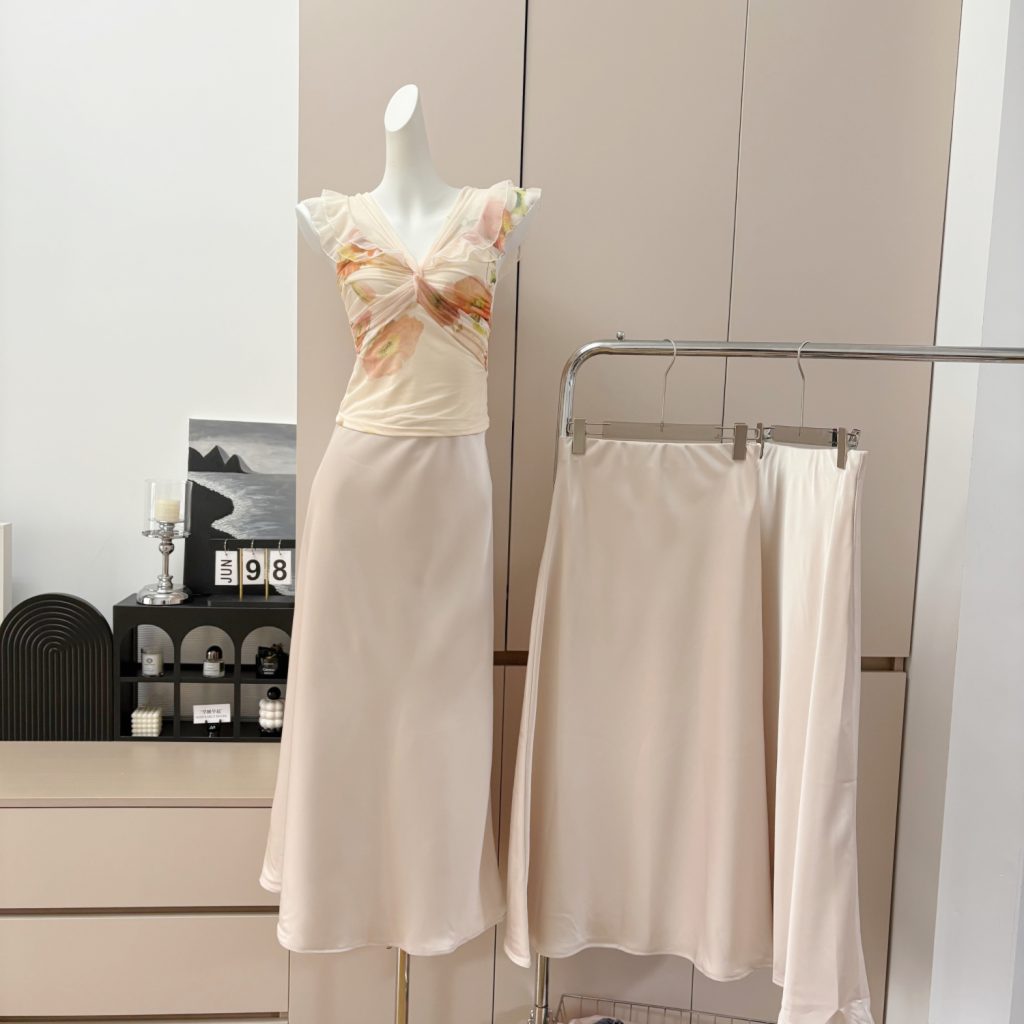 Off-Shoulder Floral Top and Acetate Skirt Set for Women