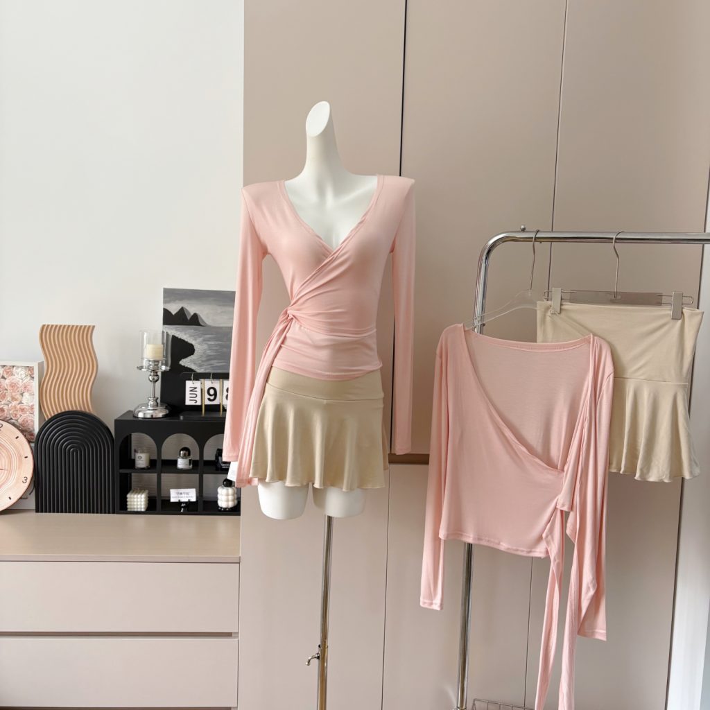 Women's Long Sleeve Tie-Back Yoga Top Slim Fit Training Shirt Pink Set