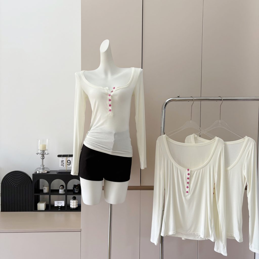 Women's Long Sleeve Half Placket T-Shirt with Large U-Neck in Apricot White