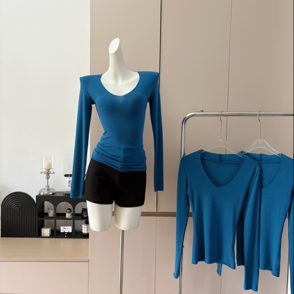 Peacock Blue V-Neck Long Sleeve Knit Top Women Slim Fit Base Layer