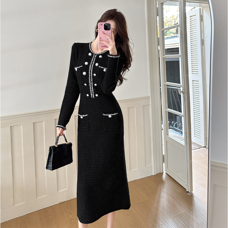Women's French Style Knit Dress with Metal Button Waist and Slim Fit Long Sleeve Midi Sweater Dress - Image 4