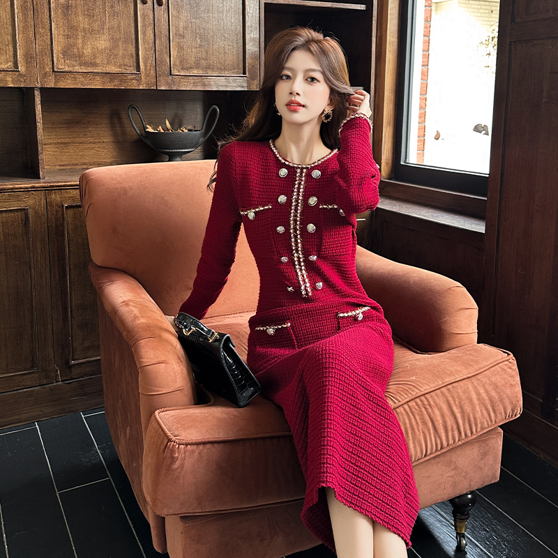 Women's French Style Knit Dress with Metal Button Waist and Slim Fit Long Sleeve Midi Sweater Dress - Image 3