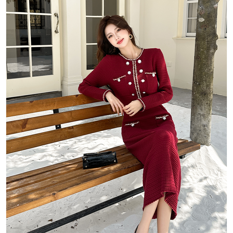Women's French Style Knit Dress with Metal Button Waist and Slim Fit Long Sleeve Midi Sweater Dress - Image 5