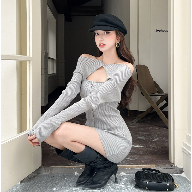 One-Shoulder Long Sleeve Knit Bodycon Mini Dress for Women