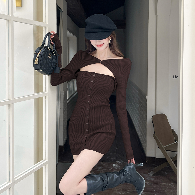 One-Shoulder Long Sleeve Knit Bodycon Mini Dress for Women - Image 2