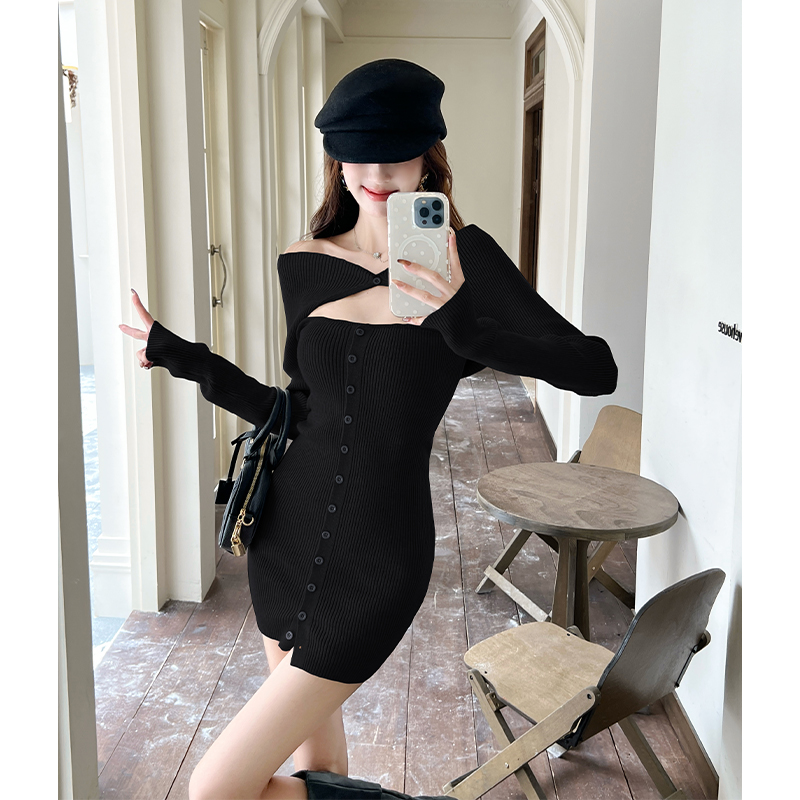 One-Shoulder Long Sleeve Knit Bodycon Mini Dress for Women - Image 3