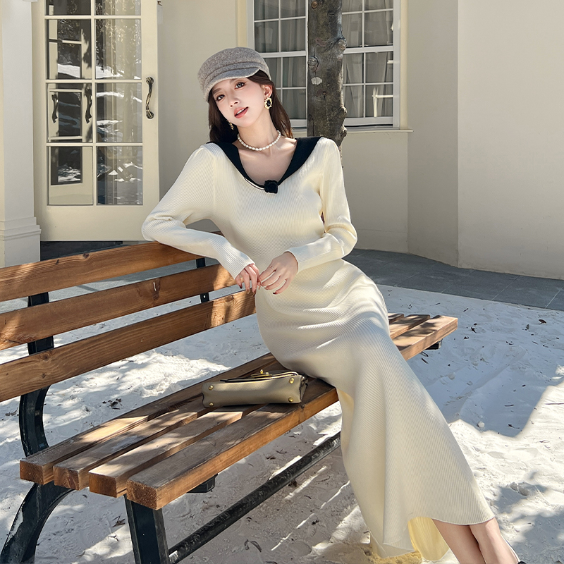 Elegant French V-Neck Slim Fit Long Sleeve Knit Dress