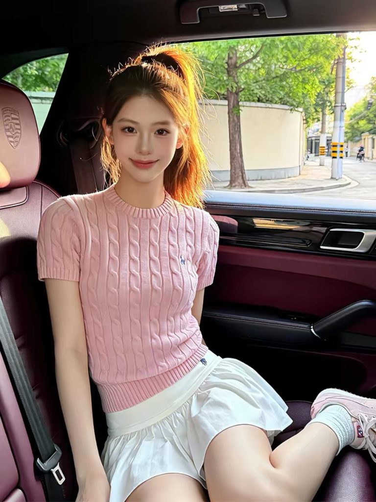 Pink Cable Knit Short Sleeve T-Shirt with Pony Logo Women 2026 Summer Slim Waist Soft Top