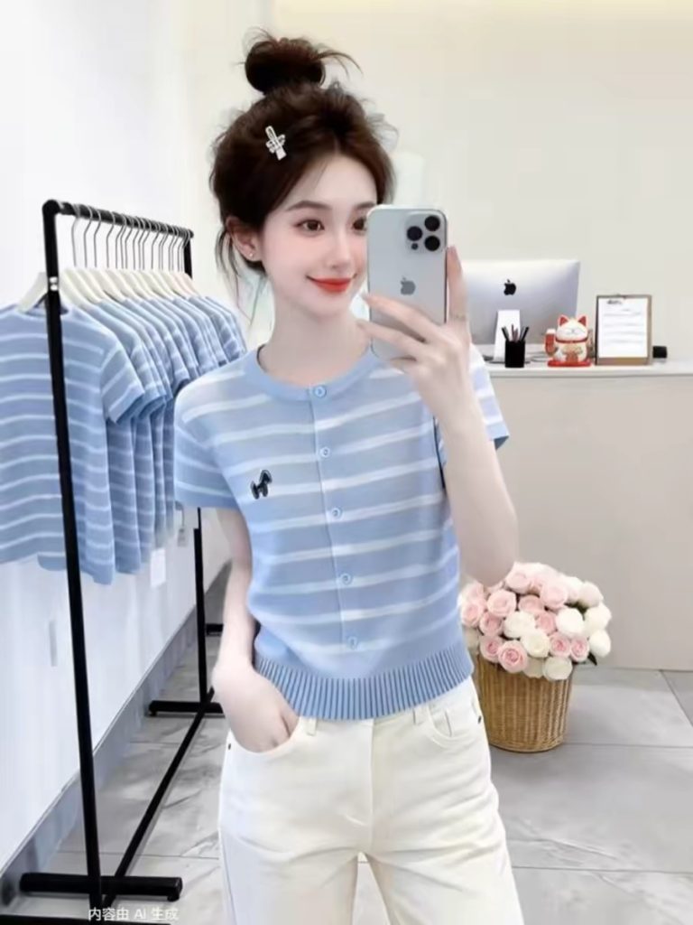 Blue Striped Single-Breasted Knit Short-Sleeve T-Shirt for Women Summer 2026