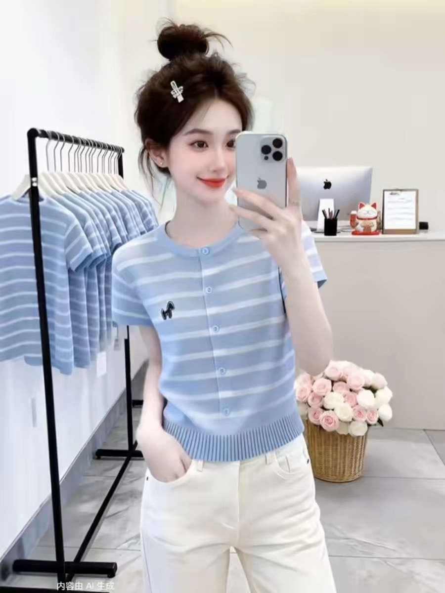 Blue Striped Single-Breasted Knit Short-Sleeve T-Shirt for Women Summer 2026