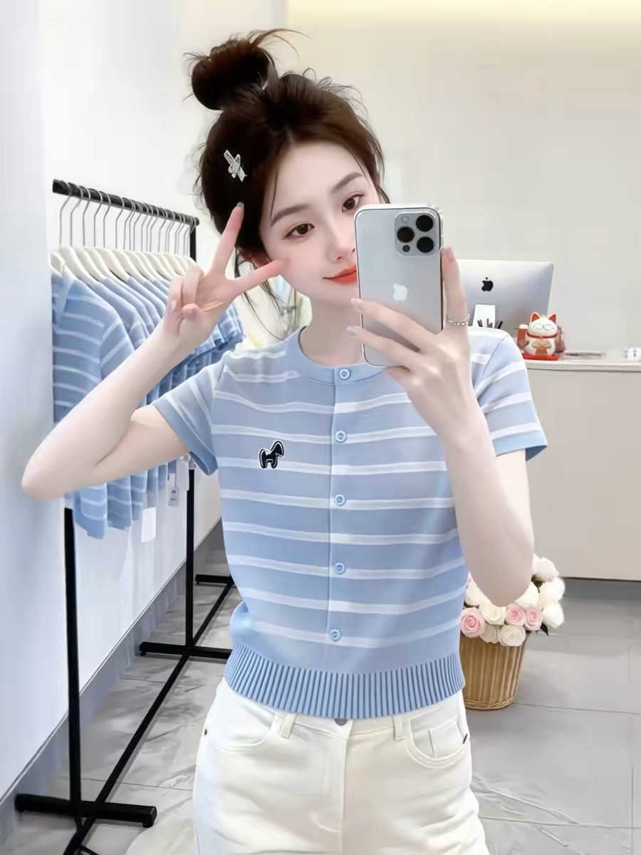 Blue Striped Single-Breasted Knit Short-Sleeve T-Shirt for Women Summer 2026 - Image 2