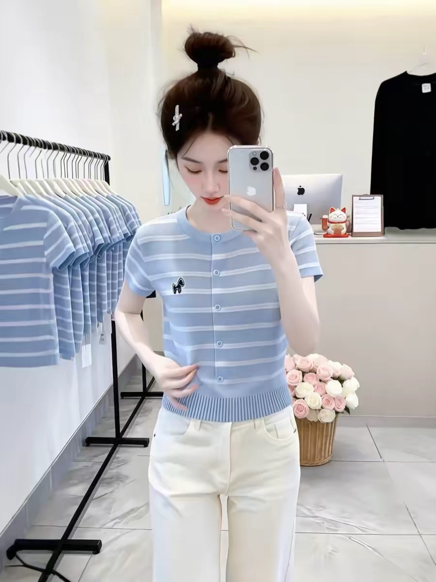 Blue Striped Single-Breasted Knit Short-Sleeve T-Shirt for Women Summer 2026 - Image 3