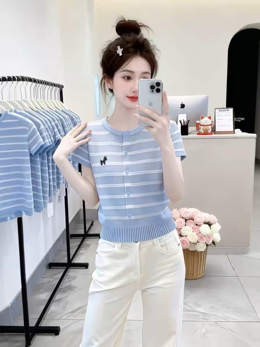 Blue Striped Single-Breasted Knit Short-Sleeve T-Shirt for Women Summer 2026 - Image 4