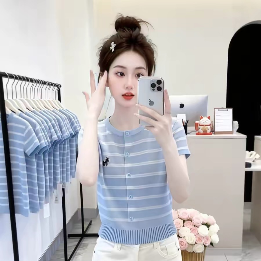 Blue Striped Single-Breasted Knit Short-Sleeve T-Shirt for Women Summer 2026 - Image 5