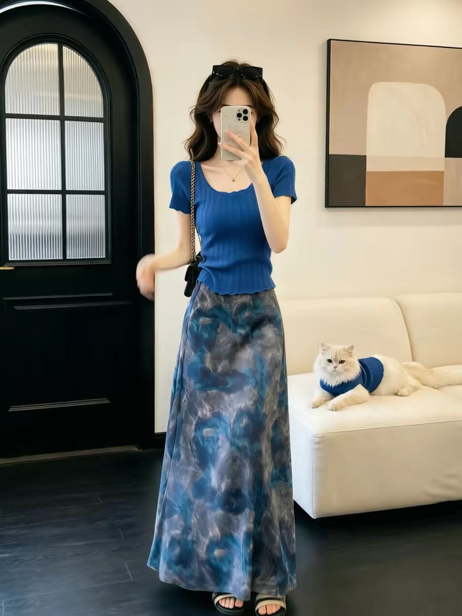 Blue Square Neck Short Sleeve Knit Top for Women 2026 Summer New Slim Fit - Image 2