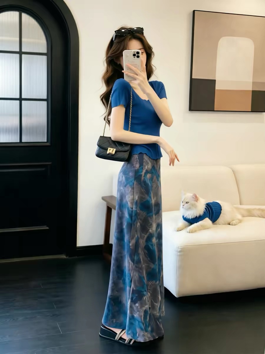 Blue Square Neck Short Sleeve Knit Top for Women 2026 Summer New Slim Fit - Image 3