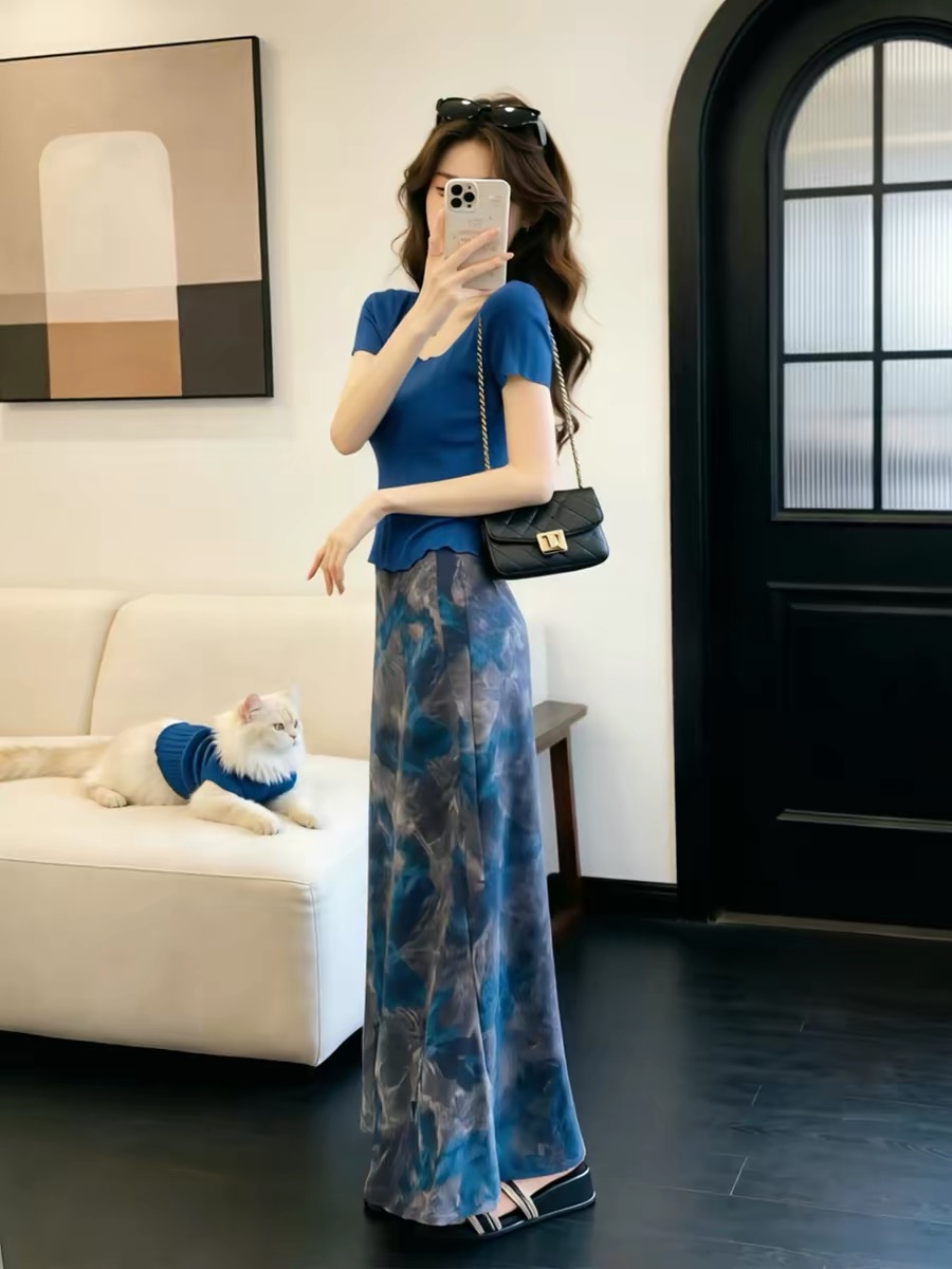 Blue Square Neck Short Sleeve Knit Top for Women 2026 Summer New Slim Fit - Image 4