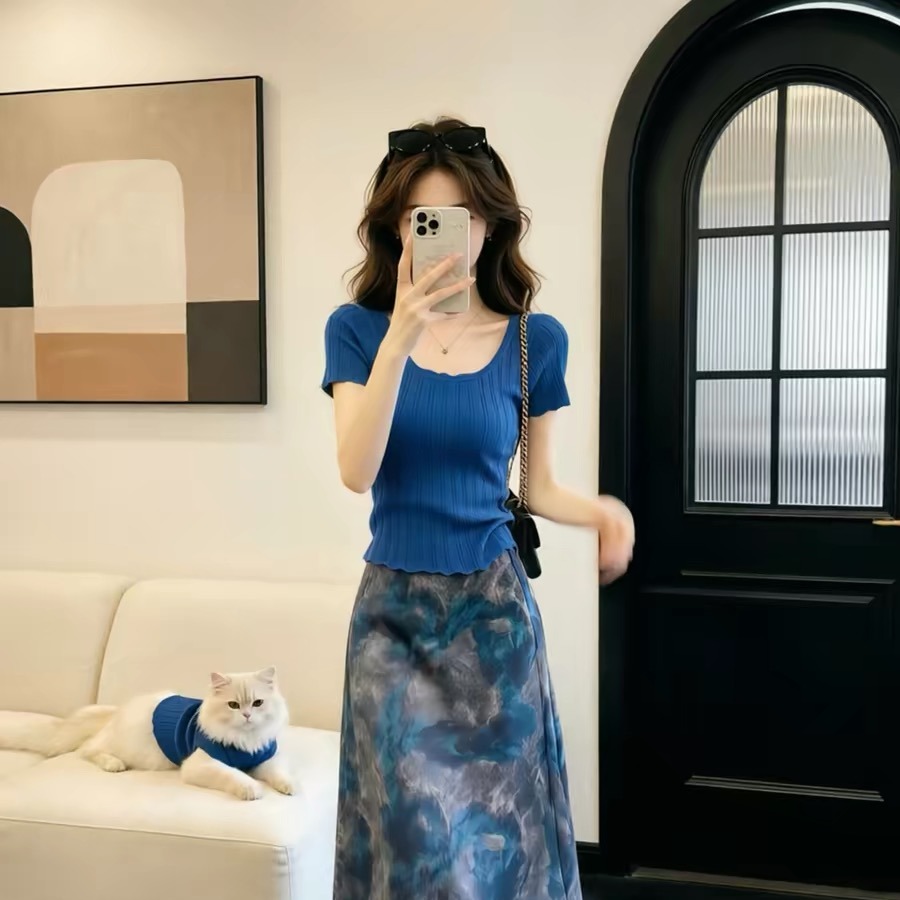 Blue Square Neck Short Sleeve Knit Top for Women 2026 Summer New Slim Fit - Image 5