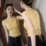 Yellow Stand Collar Lace-Up Cutout Slim Cami Top for Women 2026 Summer Dopamine Beach Outfit