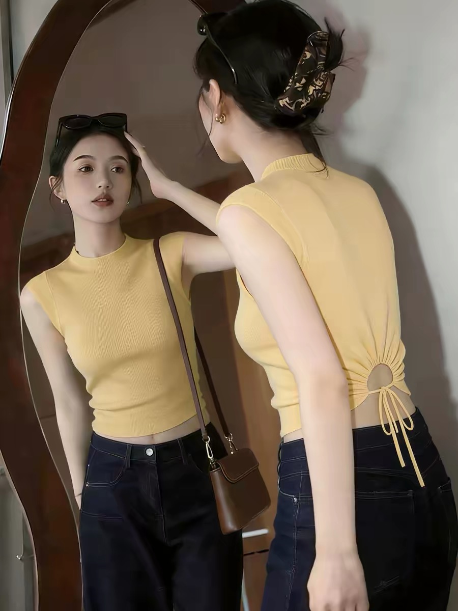 Yellow Stand Collar Lace-Up Cutout Slim Cami Top for Women 2026 Summer Dopamine Beach Outfit