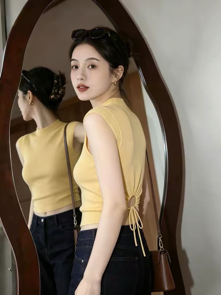 Yellow Stand Collar Lace-Up Cutout Slim Cami Top for Women 2026 Summer Dopamine Beach Outfit - Image 2
