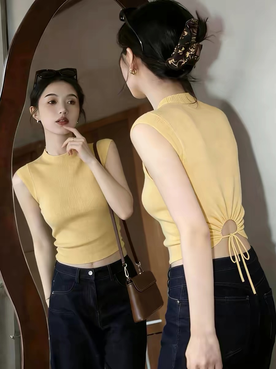 Yellow Stand Collar Lace-Up Cutout Slim Cami Top for Women 2026 Summer Dopamine Beach Outfit - Image 3