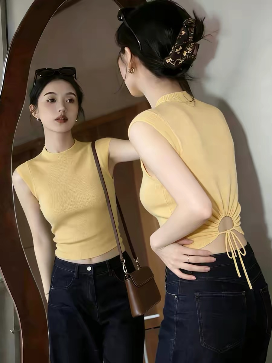 Yellow Stand Collar Lace-Up Cutout Slim Cami Top for Women 2026 Summer Dopamine Beach Outfit - Image 4