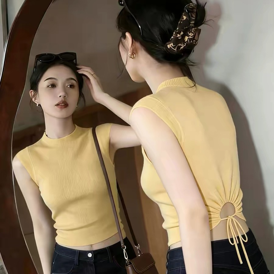 Yellow Stand Collar Lace-Up Cutout Slim Cami Top for Women 2026 Summer Dopamine Beach Outfit - Image 5