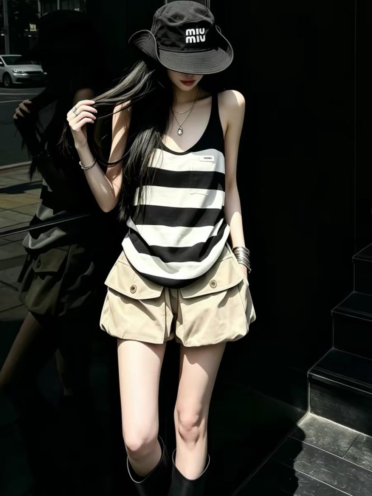 Women's Black and White Color Block Striped U-Neck Loose Cami Top 2026 Summer Sweet and Spicy Street Beachwear