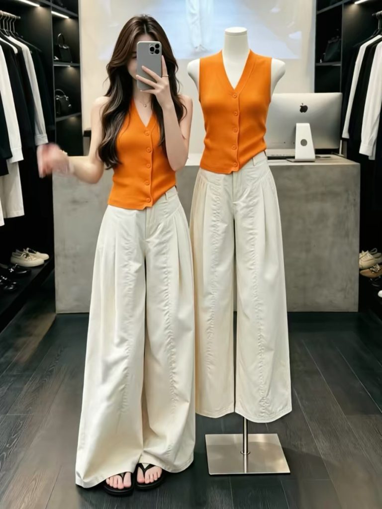Orange V-Neck Button Ribbed Slim Cami Top Women 2026 Summer Minimalist Dopamine Chic Hot Girl