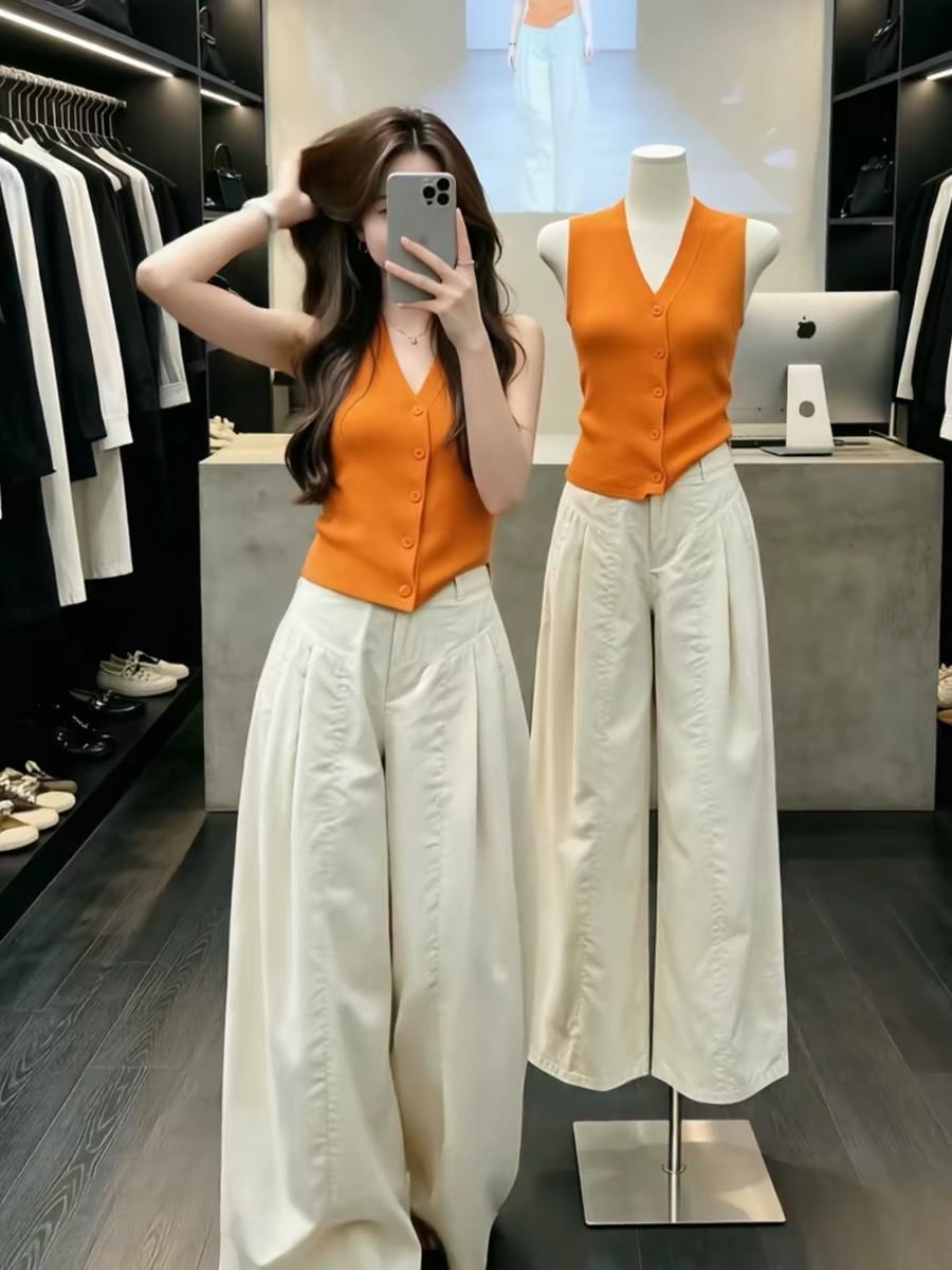 Orange V-Neck Button Ribbed Slim Cami Top Women 2026 Summer Minimalist Dopamine Chic Hot Girl - Image 2